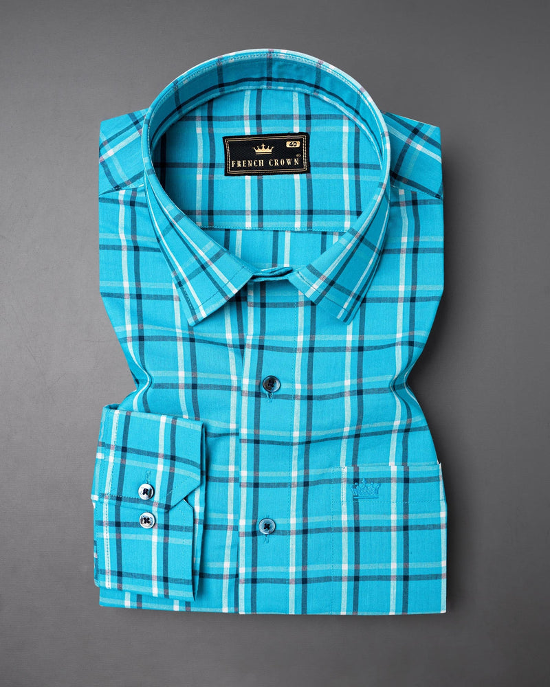 Jellyfish Blue with white Checkered Premium Cotton Shirt