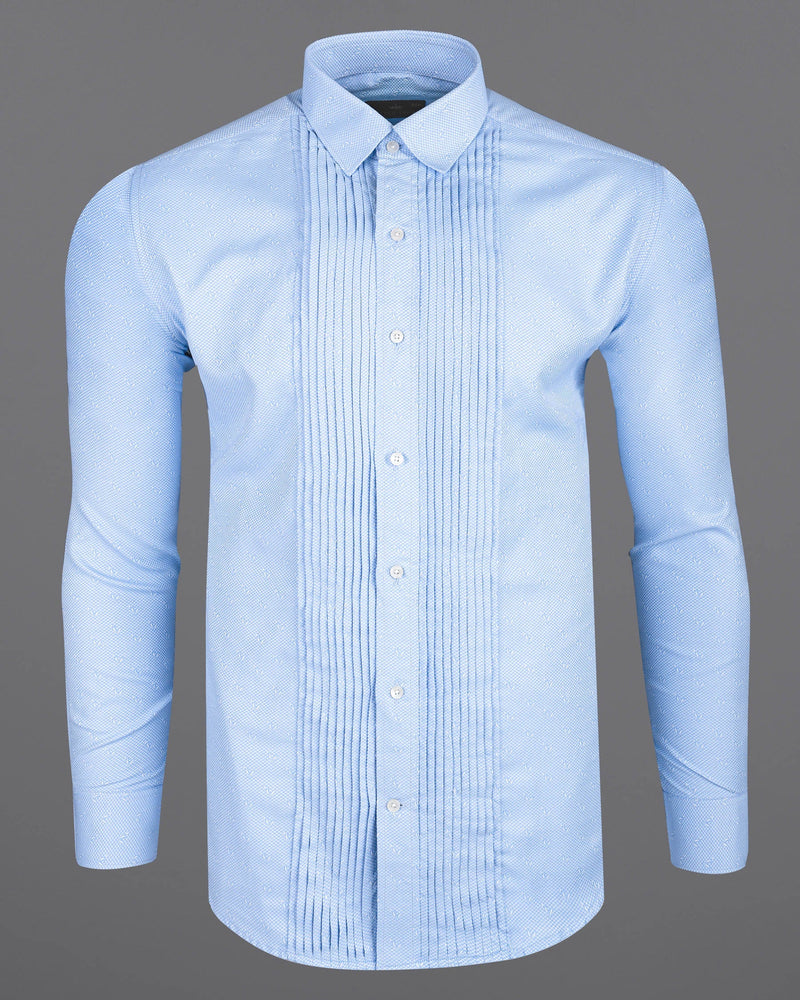 Geyser Blue Snake Pleated Dobby Textured Premium Giza Cotton Tuxedo Shirt