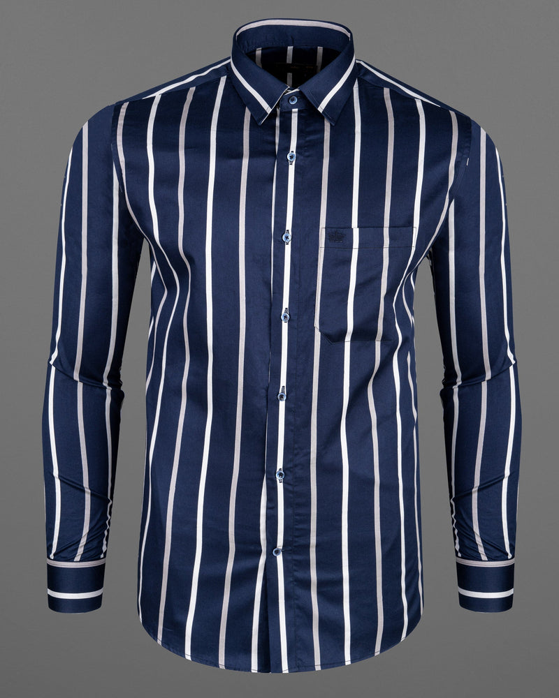 Bright White and Ebony Clay Blue Striped Super Soft Premium Cotton Shirt