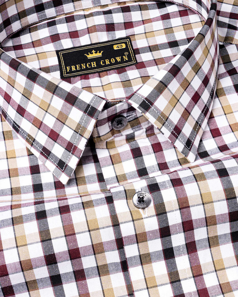 Bright White with Heathered Brown and Black Checkered Premium Cotton Shirt