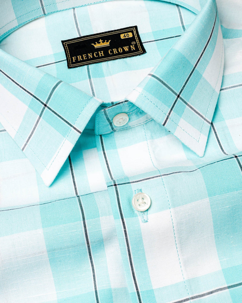 Bright White with Riptide Blue Windowpane Premium Cotton Shirt