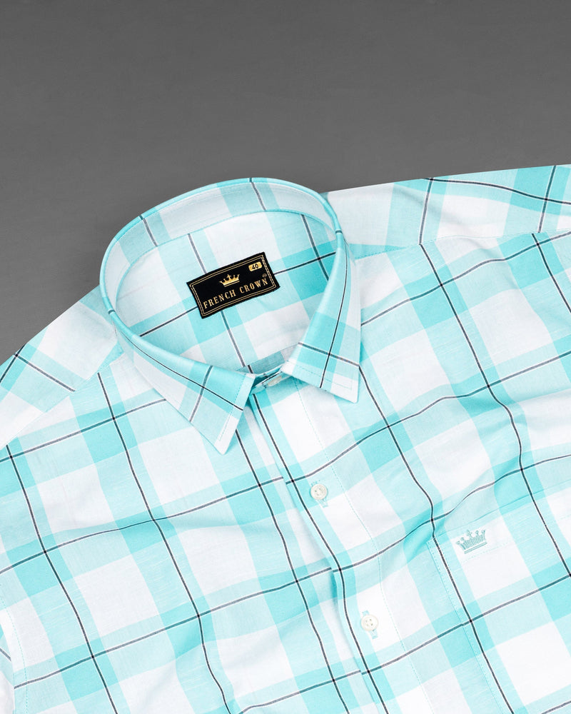 Bright White with Riptide Blue Windowpane Premium Cotton Shirt