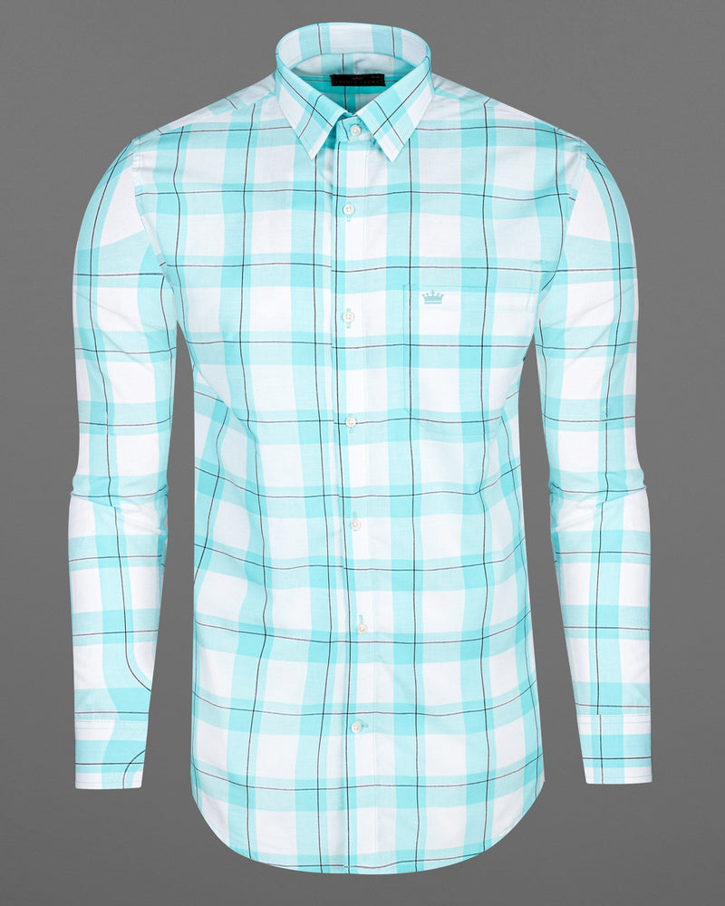 Bright White with Riptide Blue Windowpane Premium Cotton Shirt