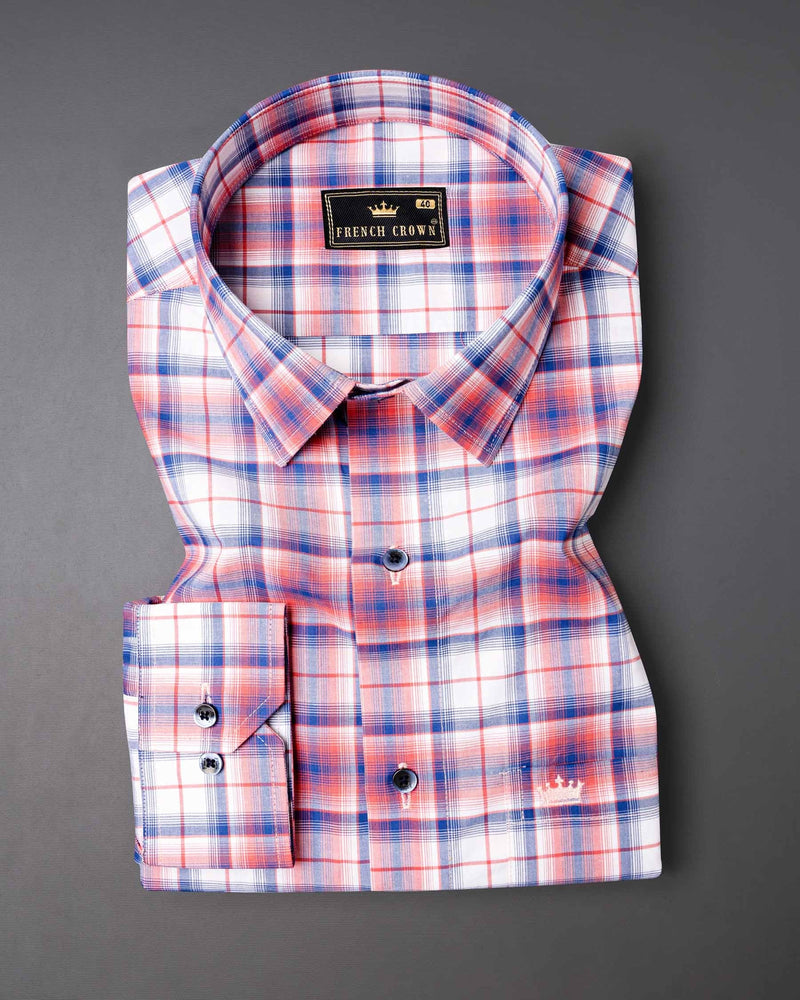 Salmon Red with San Marino Blue Plaid Premium Cotton Shirt