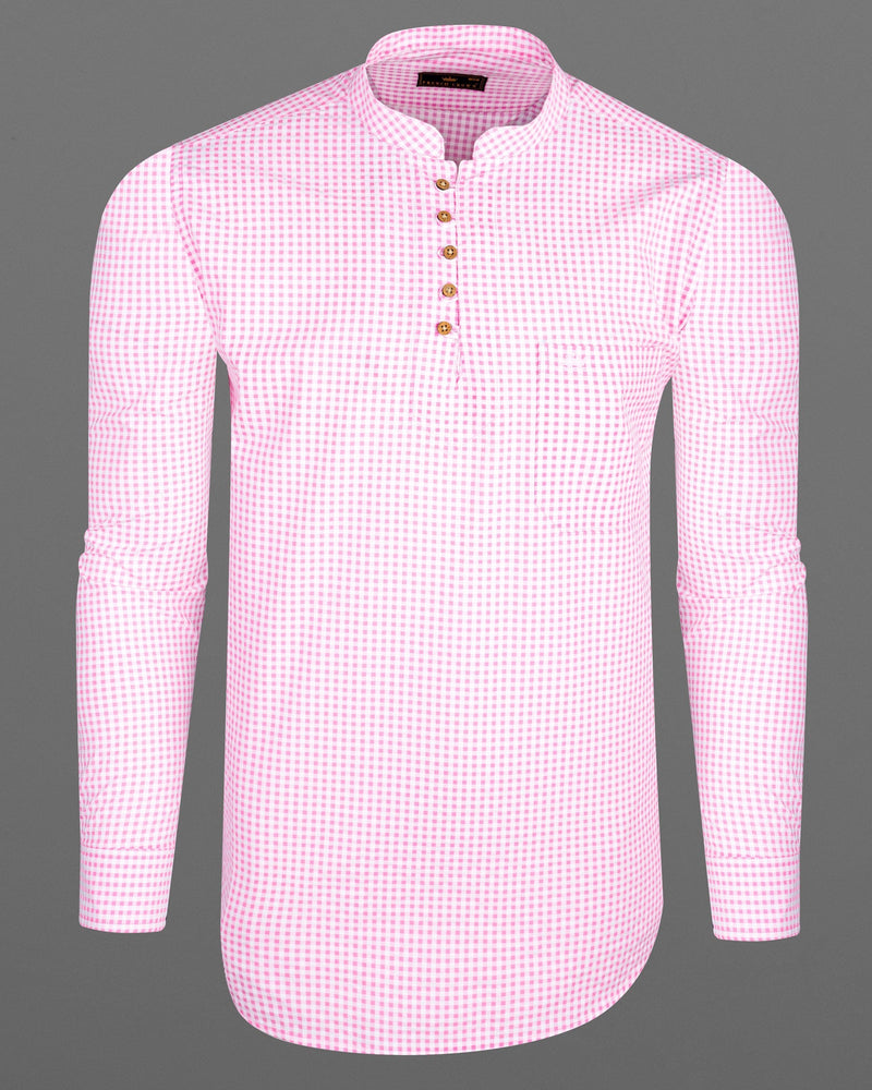 Carnation Pink Checked Seersucker Giza Cotton Kurta Shirt