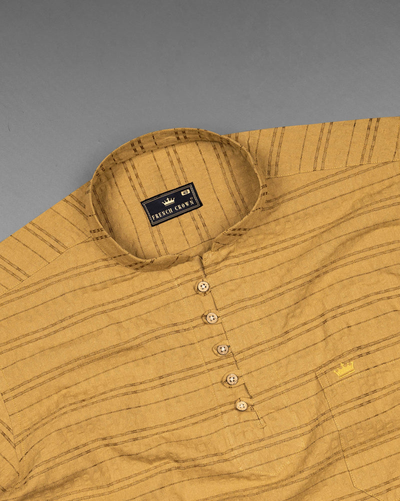 Saffron Brown Striped Dobby Textured Premium Giza Cotton Kurta Shirt