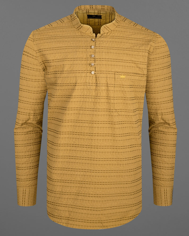 Saffron Brown Striped Dobby Textured Premium Giza Cotton Kurta Shirt