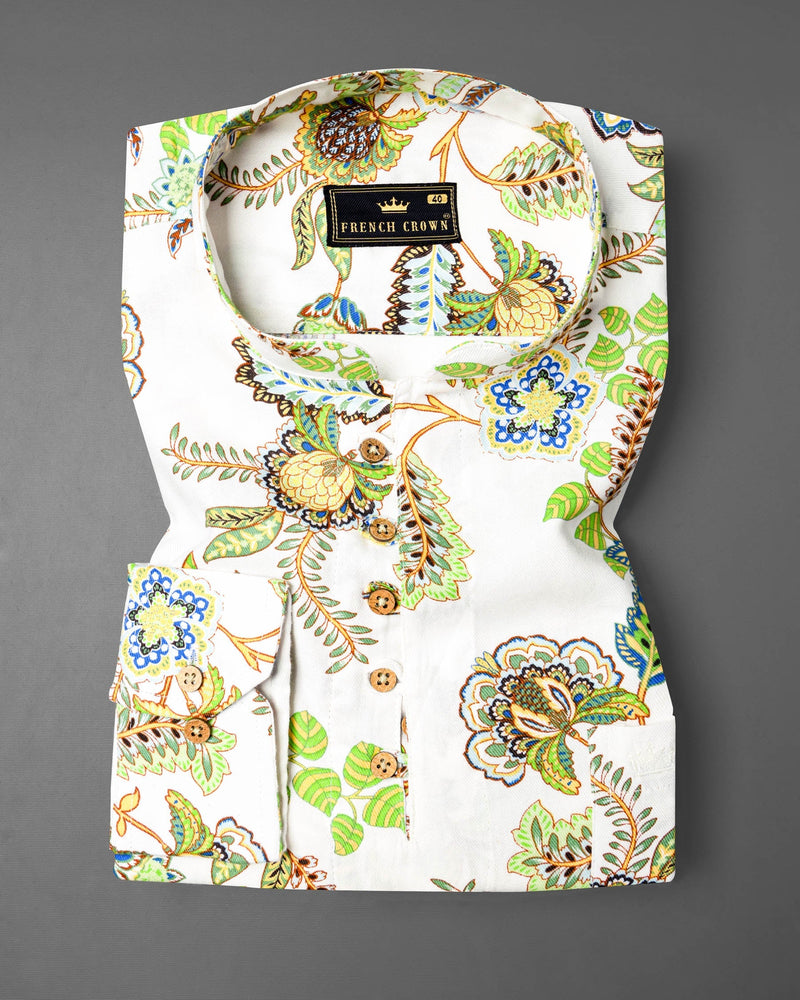 Bright White Damask Inspired Printed Twill Premium Cotton Kurta Shirt