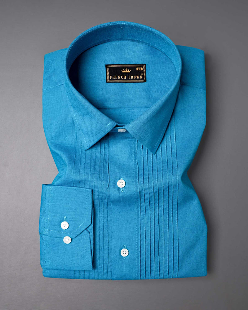 Cerulean Blue with Pin Tucks Luxurious Linen Shirt