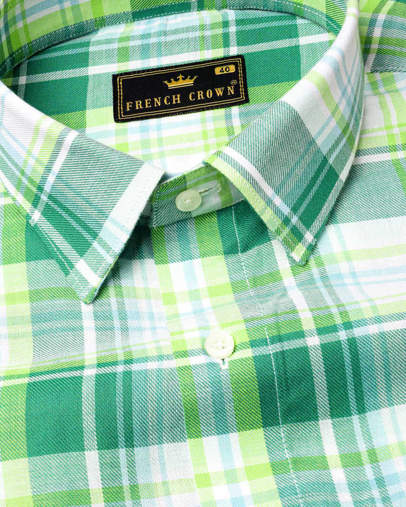 Eucalyptus Green and Light Sage Green Twill Plaid Premium Cotton Shirt 7045-38, 7045-H-38, 7045-39, 7045-H-39, 7045-40, 7045-H-40, 7045-42, 7045-H-42, 7045-44, 7045-H-44, 7045-46, 7045-H-46, 7045-48, 7045-H-48, 7045-50, 7045-H-50, 7045-52, 7045-H-52