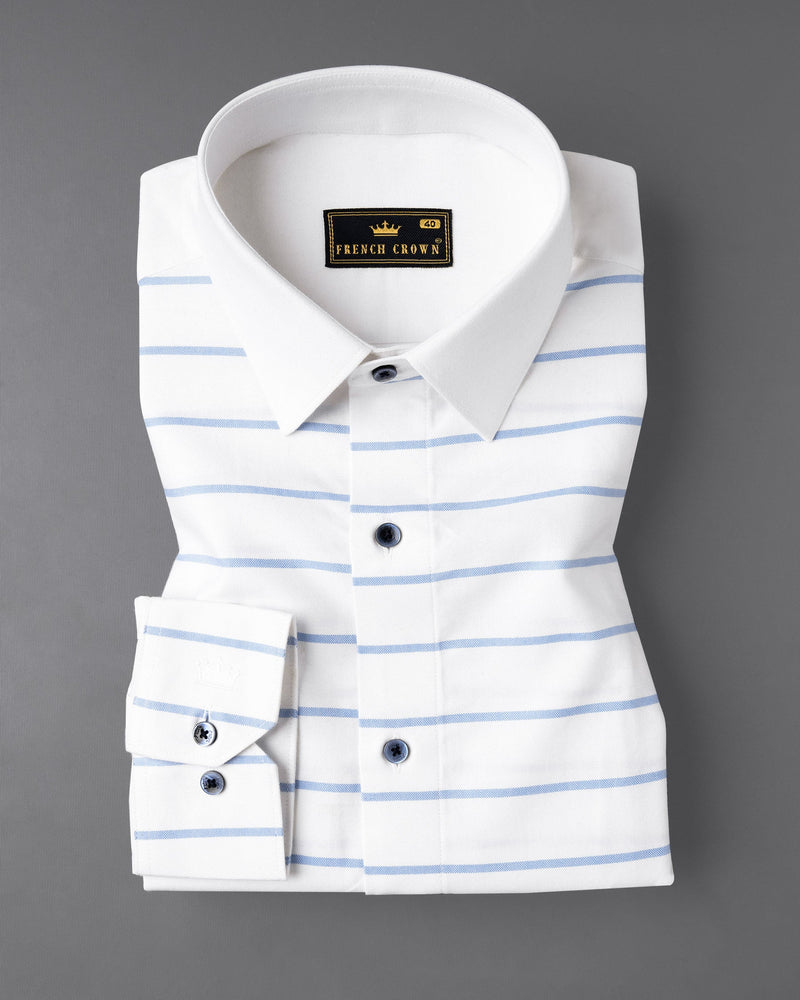 Bright White and Pale Cerulean Blue Horizontal Striped Royal Oxford Shirt