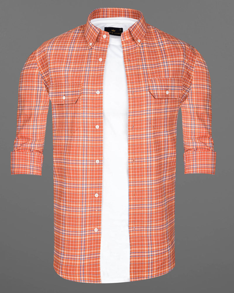 Atomic Tangerine and White Plaid Twill Premium Cotton Overshirt