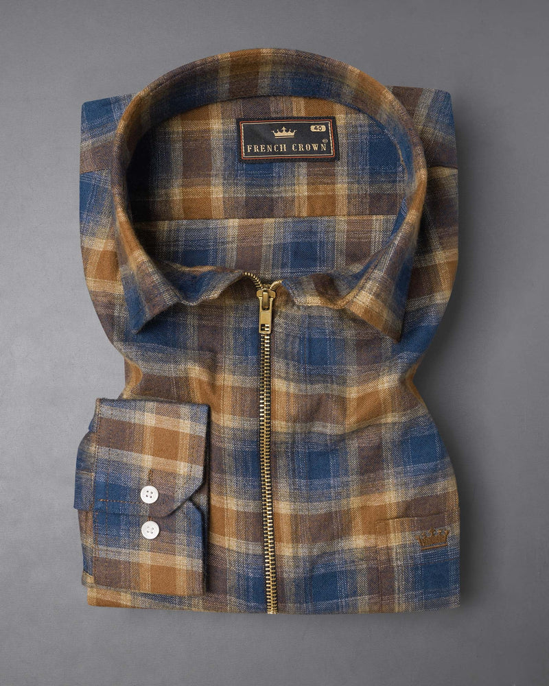 Korma Brown with Cloud Burst Blue Plaid Flannel zipper OverShirt