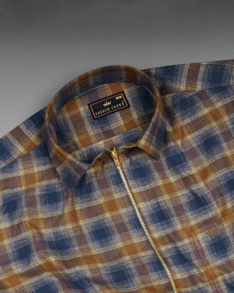 Korma Brown with Cloud Burst Blue Plaid Flannel zipper OverShirt