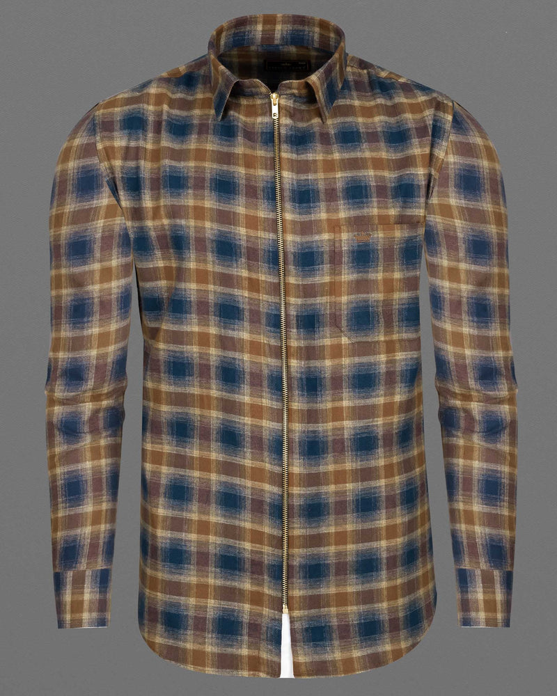 Korma Brown with Cloud Burst Blue Plaid Flannel zipper OverShirt