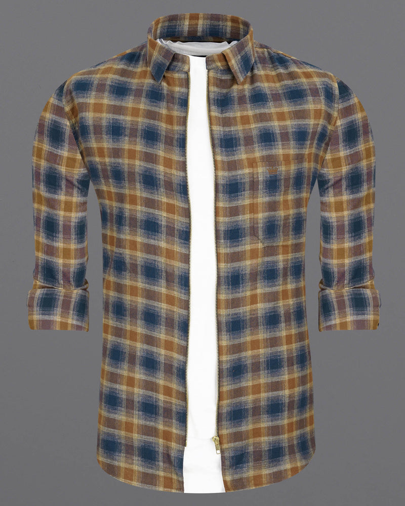 Korma Brown with Cloud Burst Blue Plaid Flannel zipper OverShirt