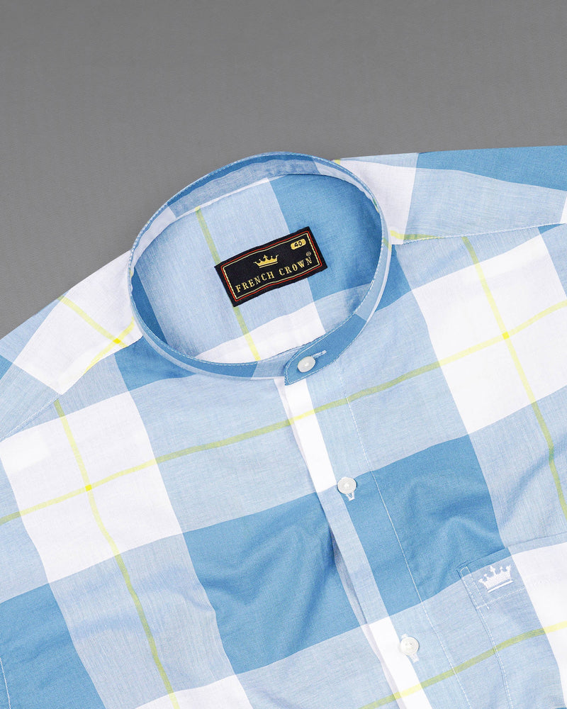 Metallic and Moonstone Blue Plaid Premium Cotton Shirt