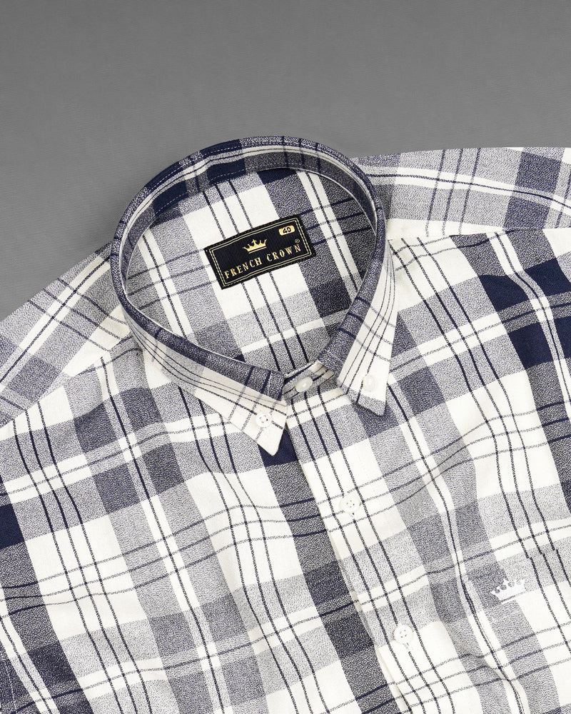 Off White and Haiti Blue Twill Plaid Premium Cotton Shirt