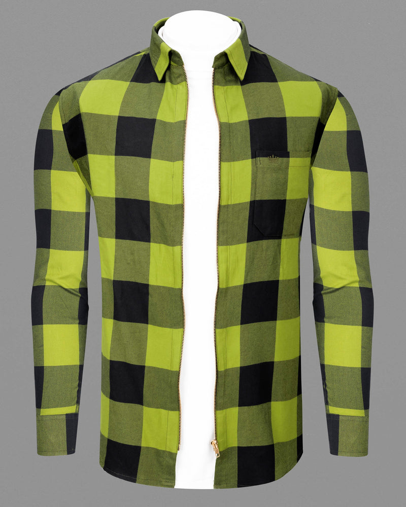 Avocado Green and Jade Black Checkered Flannel zipper Over Shirt
