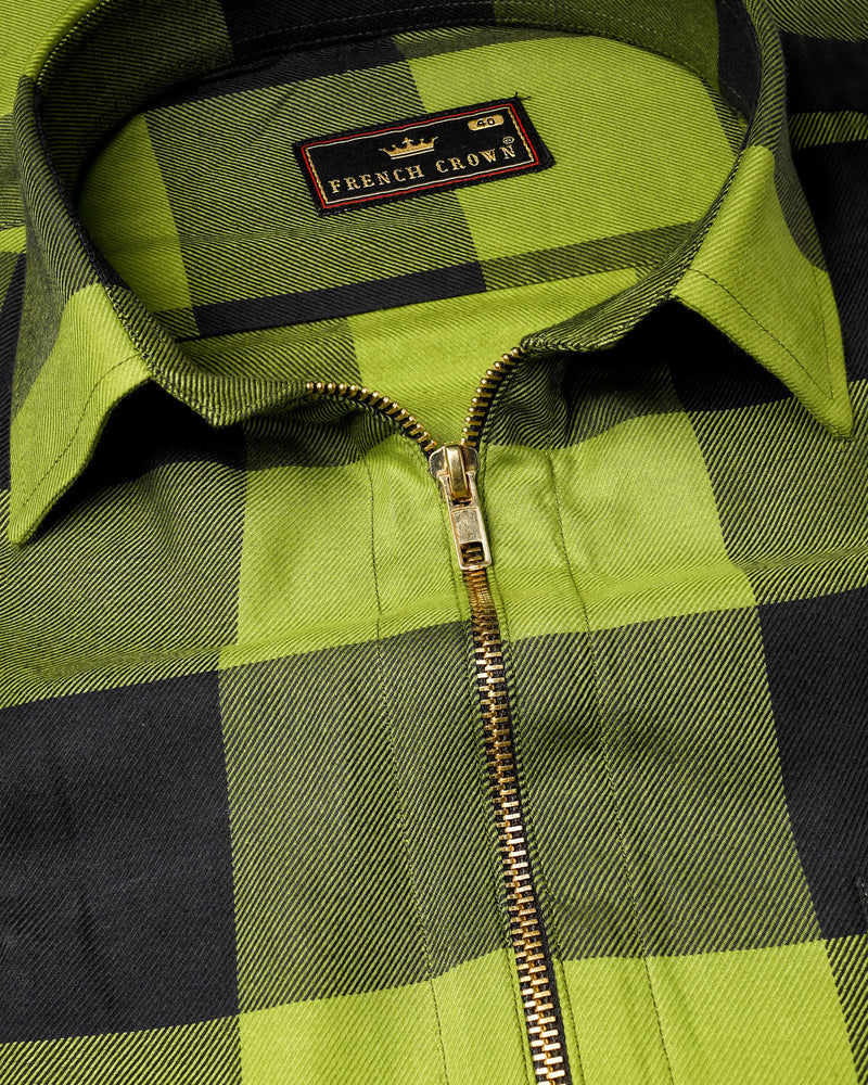 Avocado Green and Jade Black Checkered Flannel zipper Over Shirt