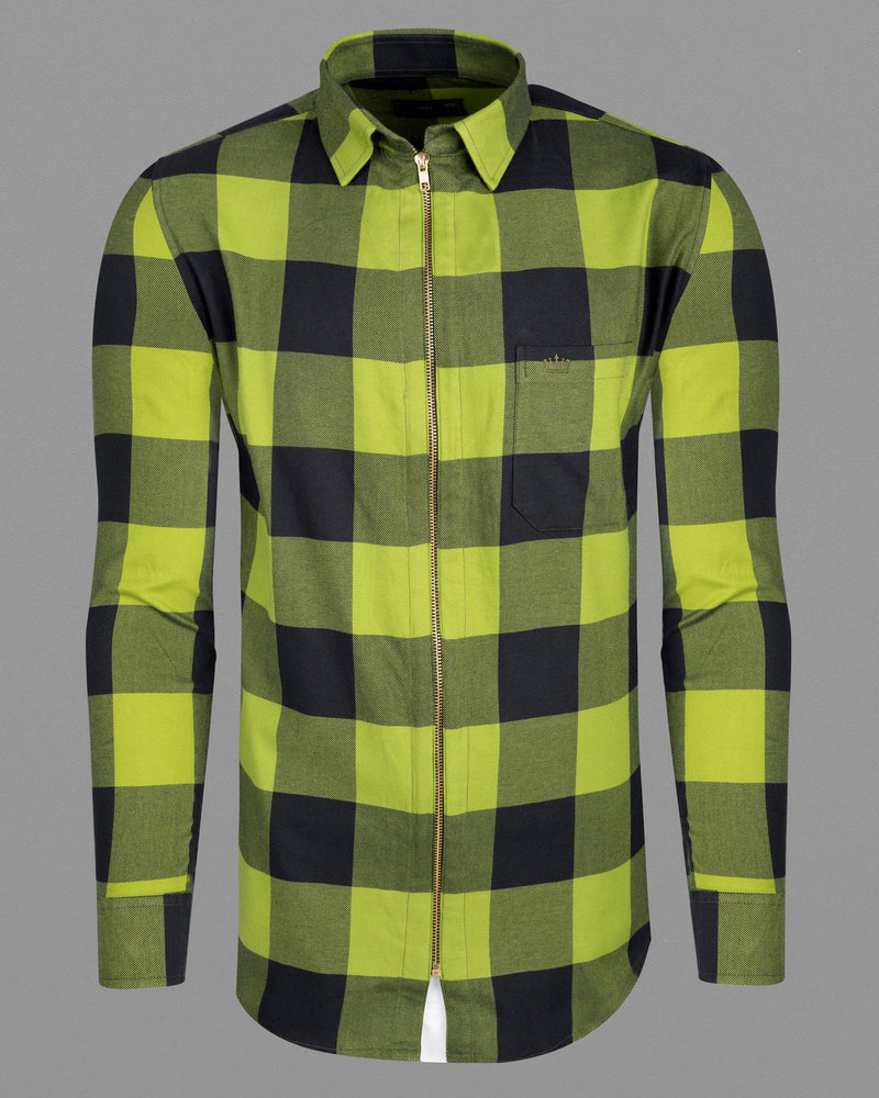 Avocado Green and Jade Black Checkered Flannel zipper Over Shirt