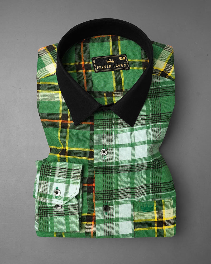 Eucalyptus Green Multicolor Plaid with Black Collar Designer Shirt