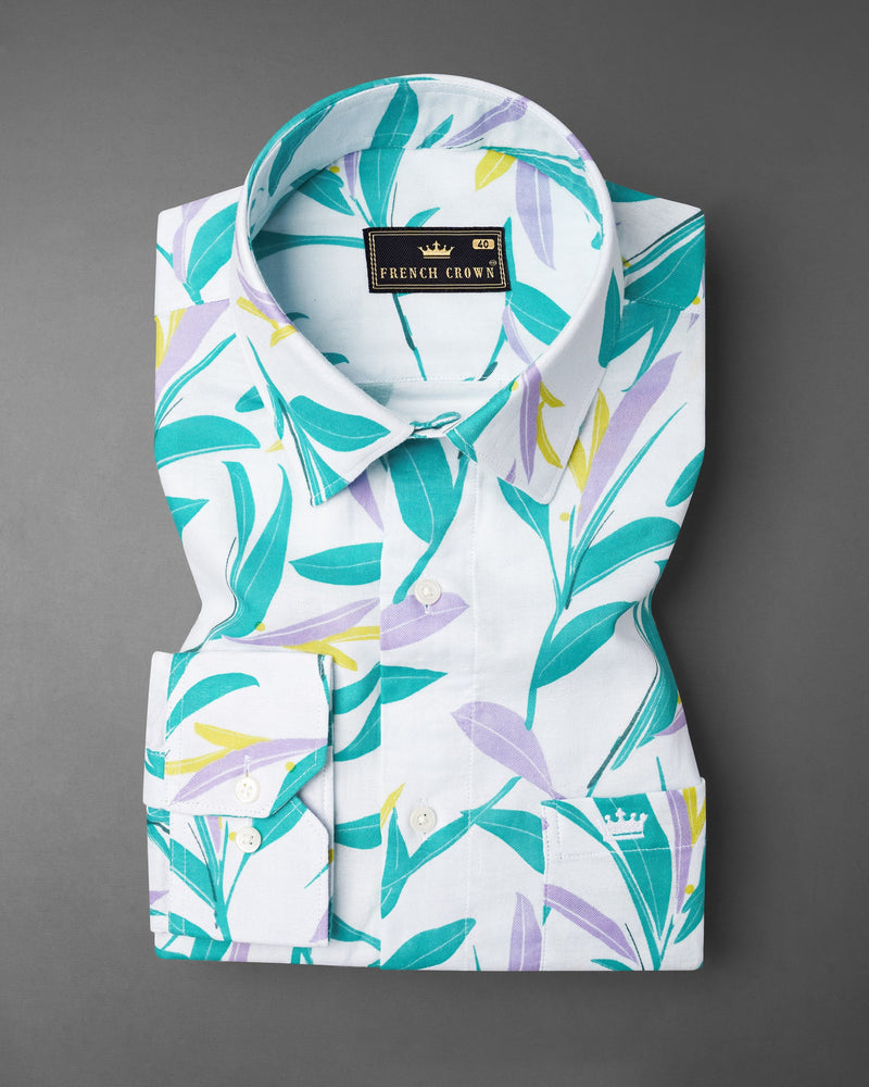 Bright White Multicolor Leaves Printed Premium Cotton Shirt