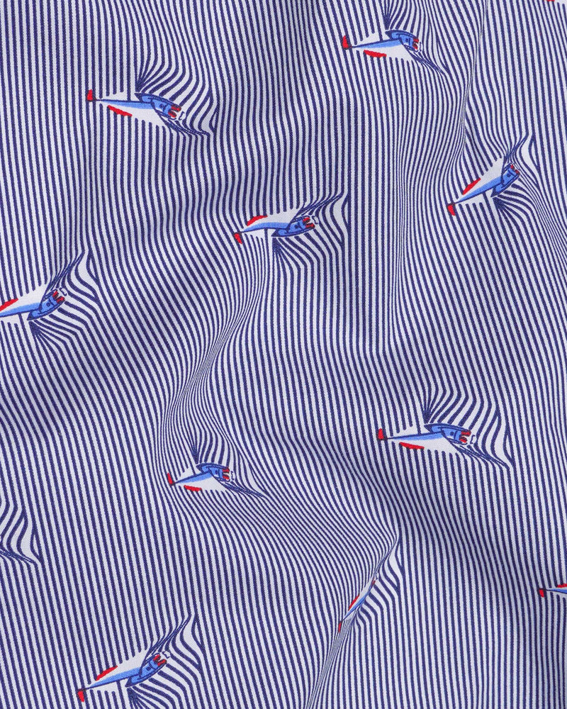 Martinique Blue Boat and Striped Premium Cotton Shirt