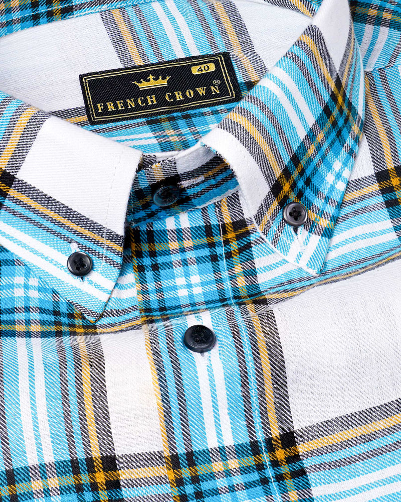 Bright White and Celestial Blue Twill Plaid Premium Cotton Shirt