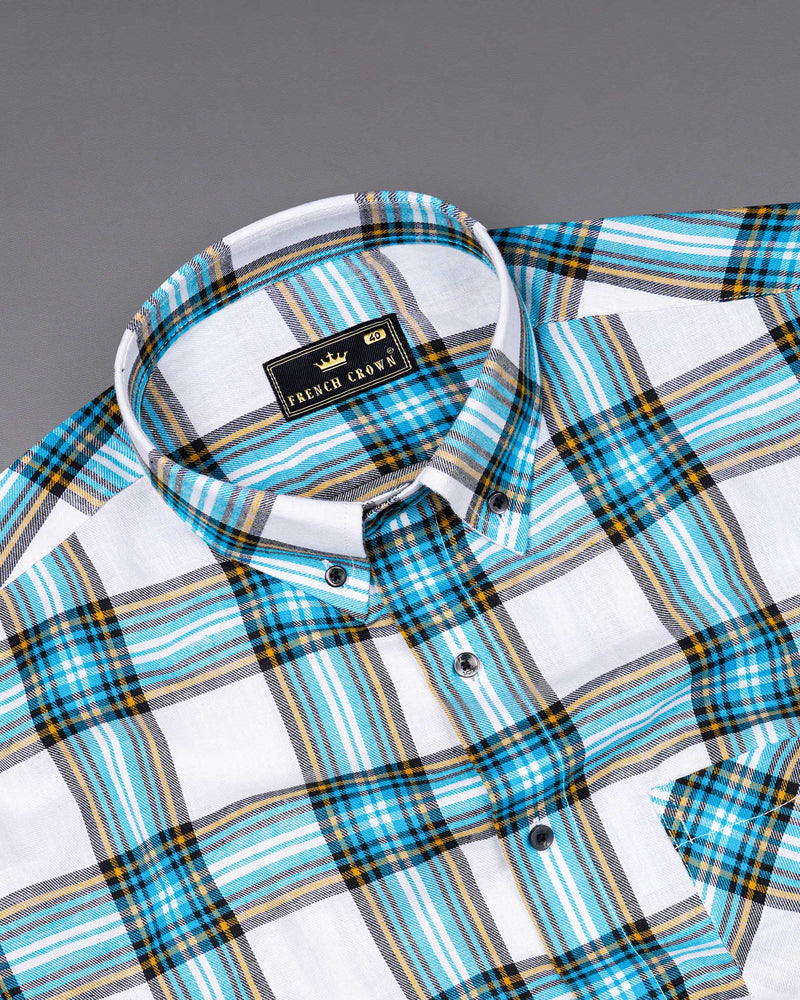 Bright White and Celestial Blue Twill Plaid Premium Cotton Shirt