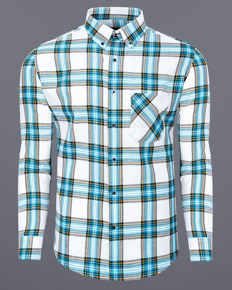 Bright White and Celestial Blue Twill Plaid Premium Cotton Shirt