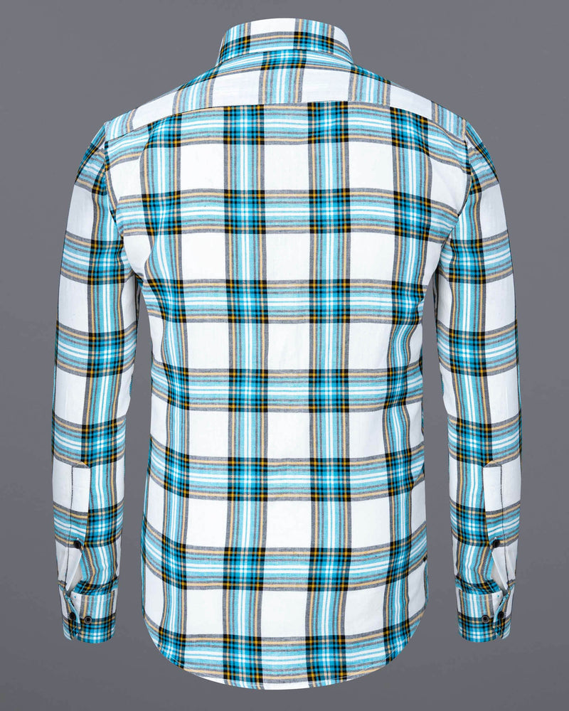 Bright White and Celestial Blue Twill Plaid Premium Cotton Shirt