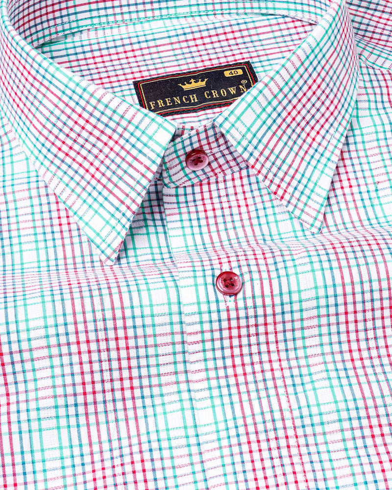 Hibiscus Pink with Turquoise Blue Checkered Dobby Textured Premium Giza Cotton Shirt