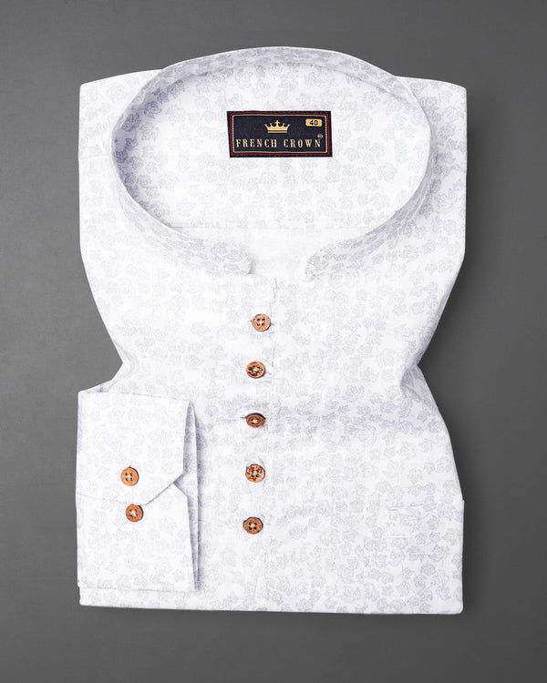 Mercury white Leaves Printed Dobby Textured Premium Giza Cotton Kurta Shirt