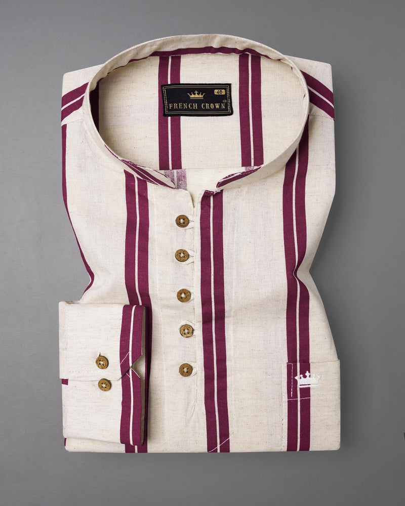 Gainsboro with Wine Berry Striped Luxurious Linen Kurta Shirt