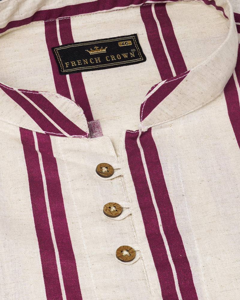 Gainsboro with Wine Berry Striped Luxurious Linen Kurta Shirt