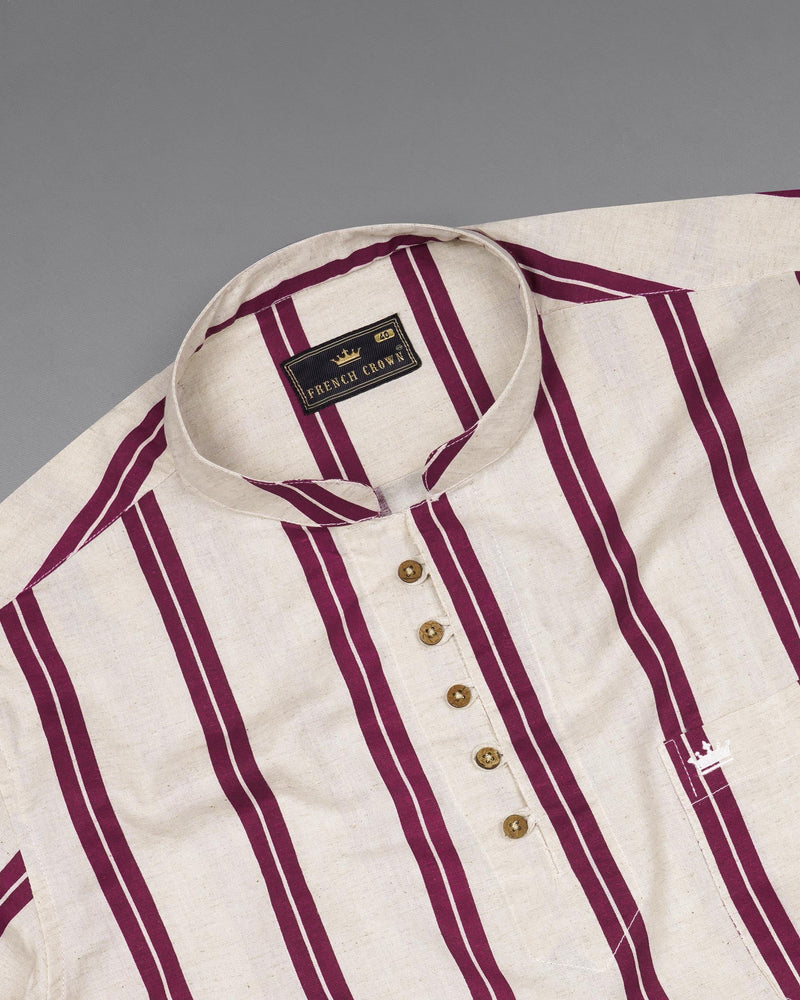 Gainsboro with Wine Berry Striped Luxurious Linen Kurta Shirt