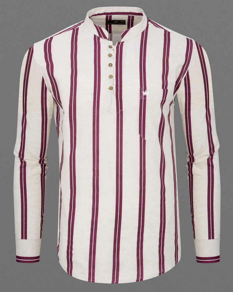 Gainsboro with Wine Berry Striped Luxurious Linen Kurta Shirt
