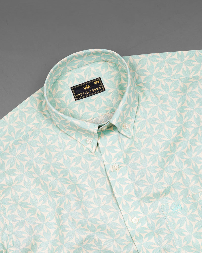 Cyan Opaque Repeated Floral Printed Luxurious Linen Shirt