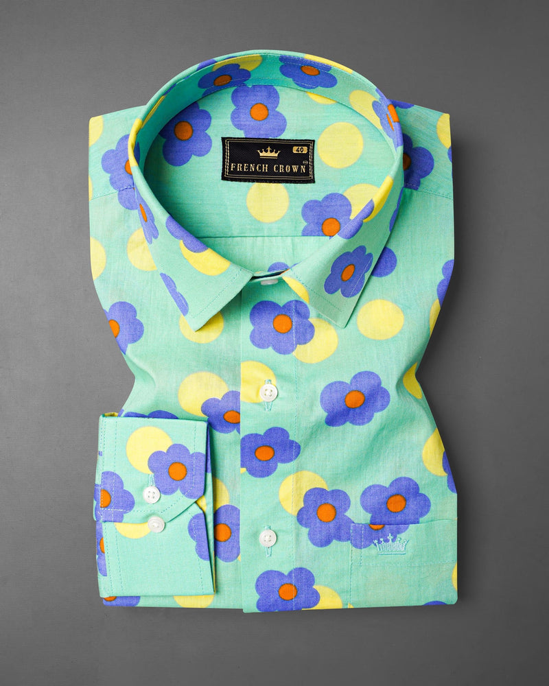 Light Teal Green Floral Printed Premium Cotton Shirt