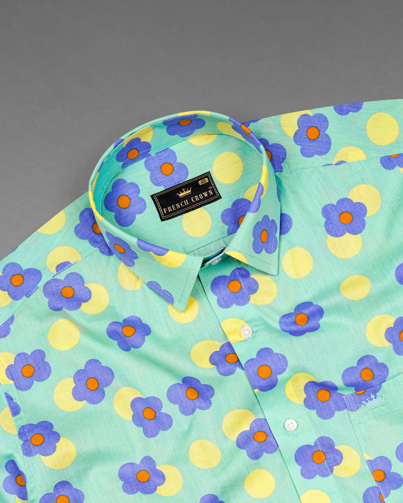 Light Teal Green Floral Printed Premium Cotton Shirt