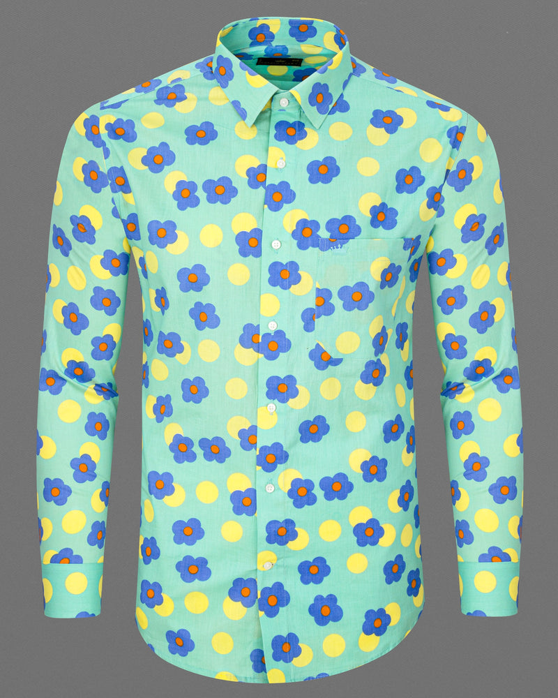 Light Teal Green Floral Printed Premium Cotton Shirt