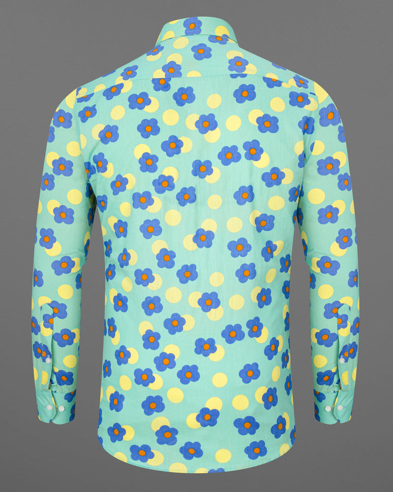 Light Teal Green Floral Printed Premium Cotton Shirt