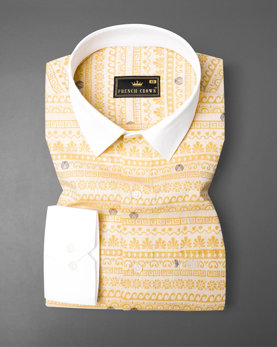 Apache Brown Tribal Jacquard Textured with White Collar and Sleeves Premium Giza Cotton Designer Shirt