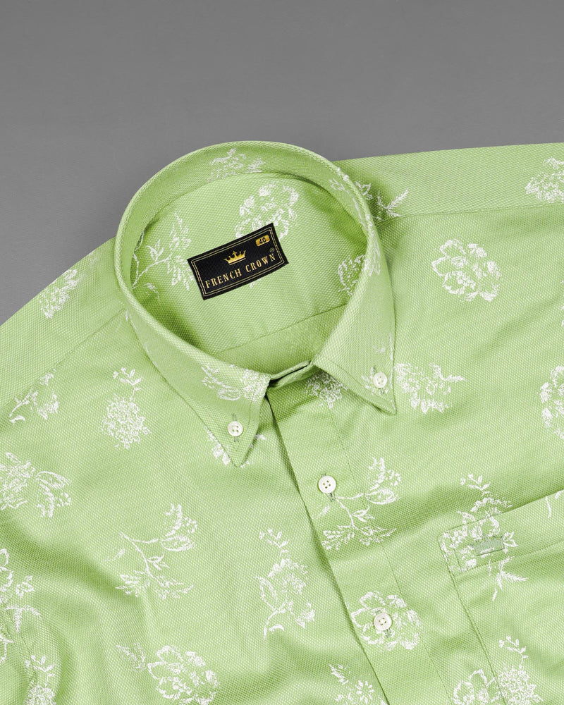 Pale Olive Green With White Floral Dobby Textured Premium Giza Cotton Shirt