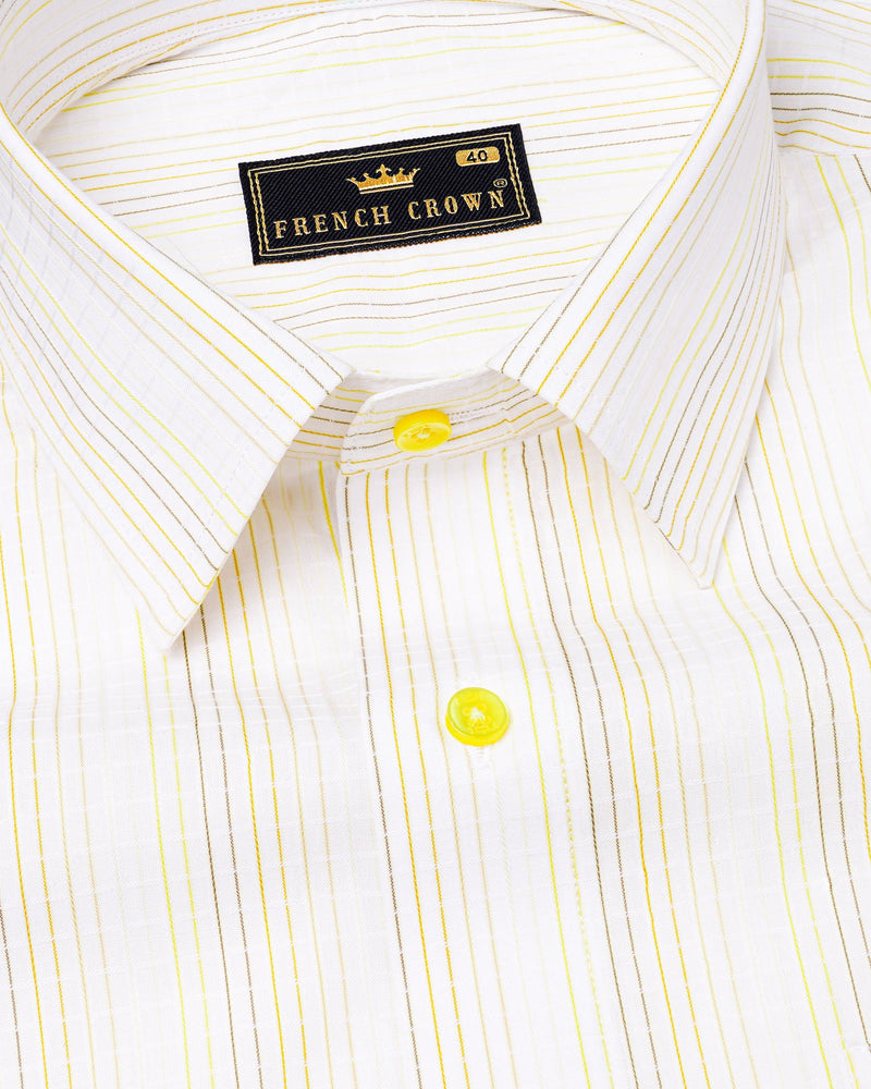 Off White with yellow Striped Dobby Textured Premium Giza Cotton Shirt