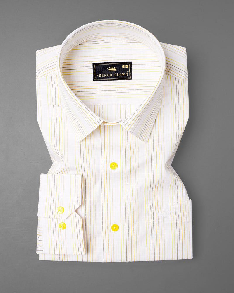 Off White with yellow Striped Dobby Textured Premium Giza Cotton Shirt