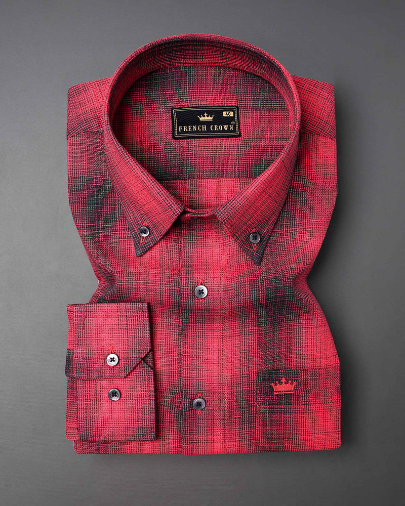 Pale Carmine Red and Jade Black Plaid Dobby Textured Premium Giza Cotton Shirt