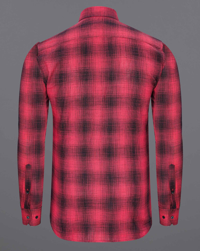 Pale Carmine Red and Jade Black Plaid Dobby Textured Premium Giza Cotton Shirt