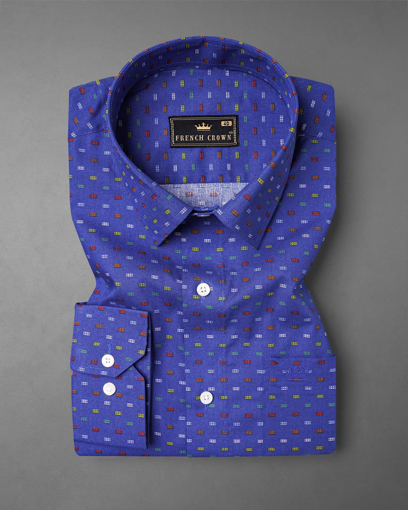 Chambray Blue with Multicolour Printed Premium Cotton Shirt